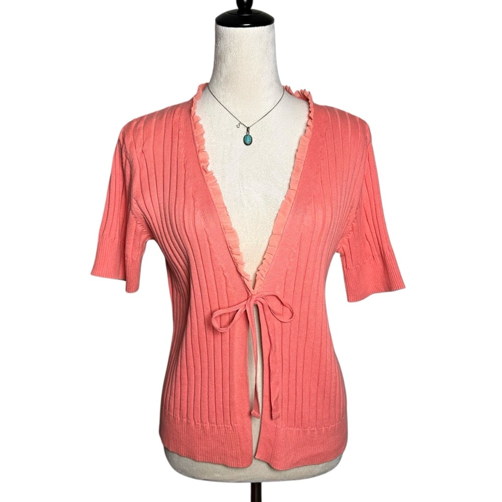 Van Heusen Coral Ribbed‎ Tie Front Ruffle Cotton Knit Cardigan Top M Y2K Retro